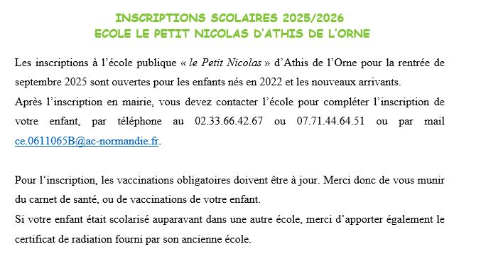 inscriptions scolaires athis de lorne 2025